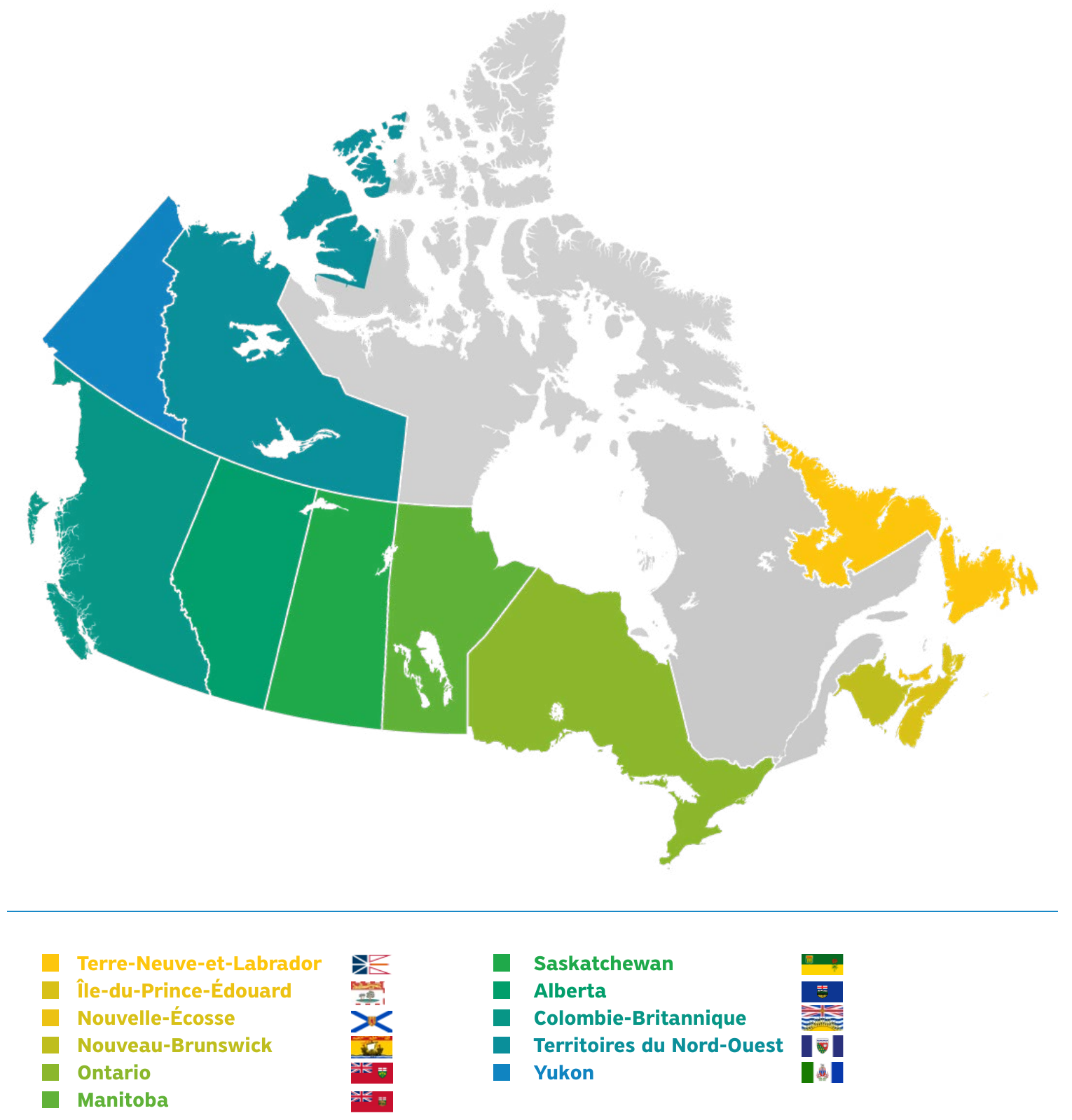 Carte du Canada présentant les provinces et territoires couverts par l’étude : Terre-Neuve-et-Labrador, Île-du-Prince-Édouard, Nouvelle-Écosse, Nouveau-Brunswick, Ontario, Manitoba, Saskatchewan, Alberta, Colombie-Britannique, Territoires du Nord-Ouest et Yukon