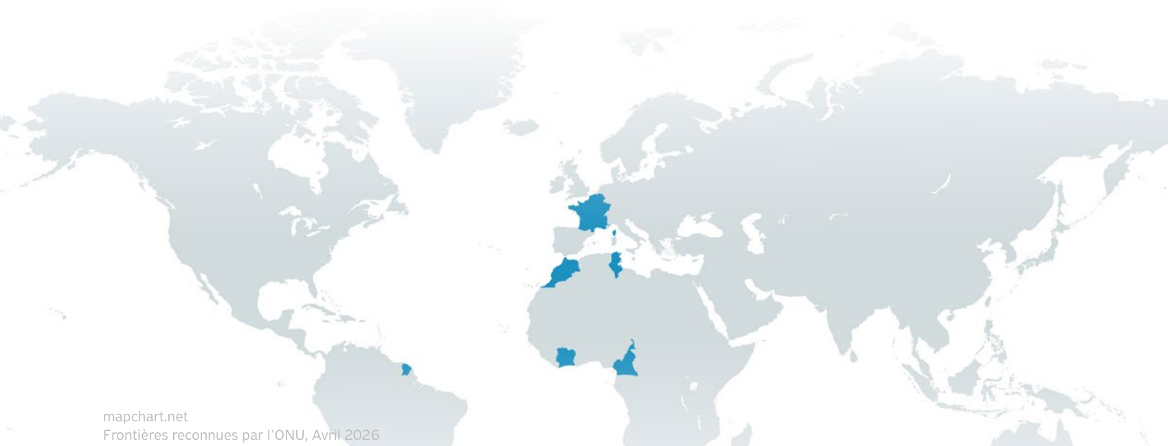 Carte du monde mettant en évidence les six pays ciblés par l’étude : la Belgique, le Cameroun, la Côte d’Ivoire, la France, le Maroc et la Tunisie (mapchart.net, frontières reconnues par l’ONU, avril 2026)