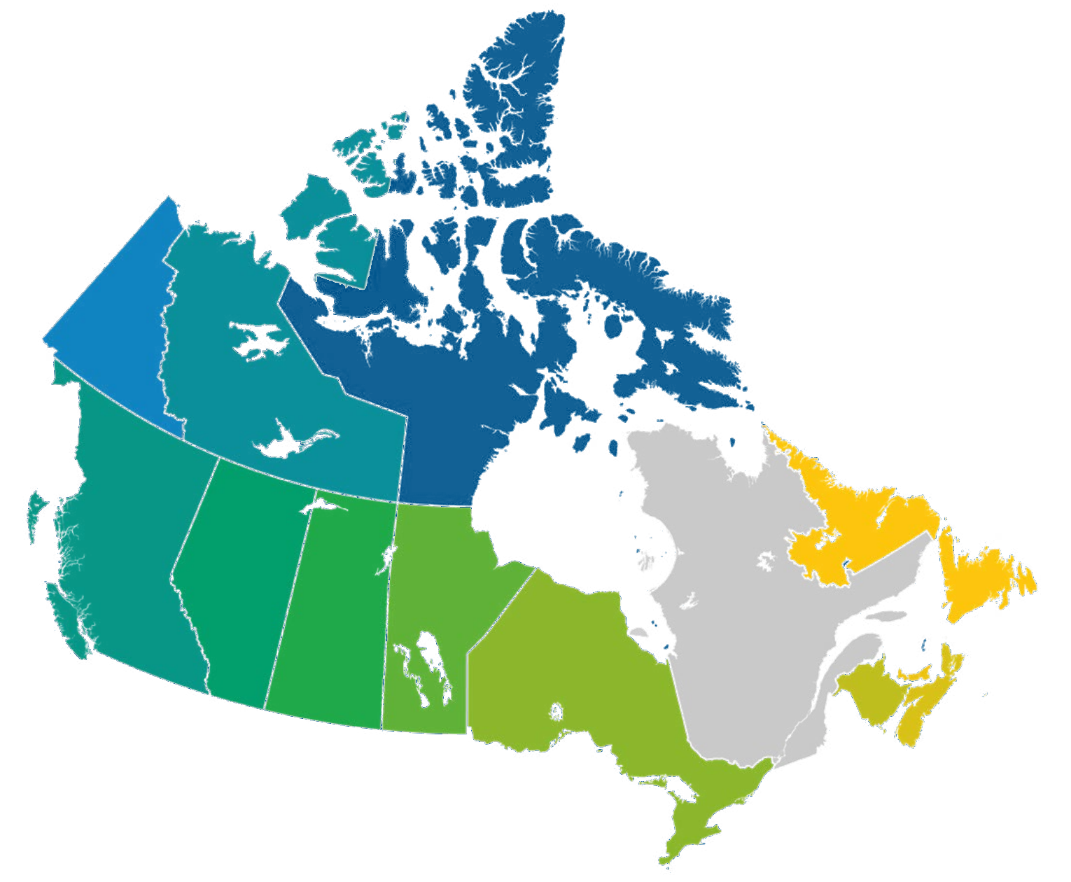 Carte du Canada présentant les provinces et territoires couverts par l’étude : Terre-Neuve-et-Labrador, Île-du-Prince-Édouard, Nouvelle-Écosse, Nouveau-Brunswick, Ontario, Manitoba, Saskatchewan, Alberta, Colombie-Britannique, Territoires du Nord-Ouest et Yukon